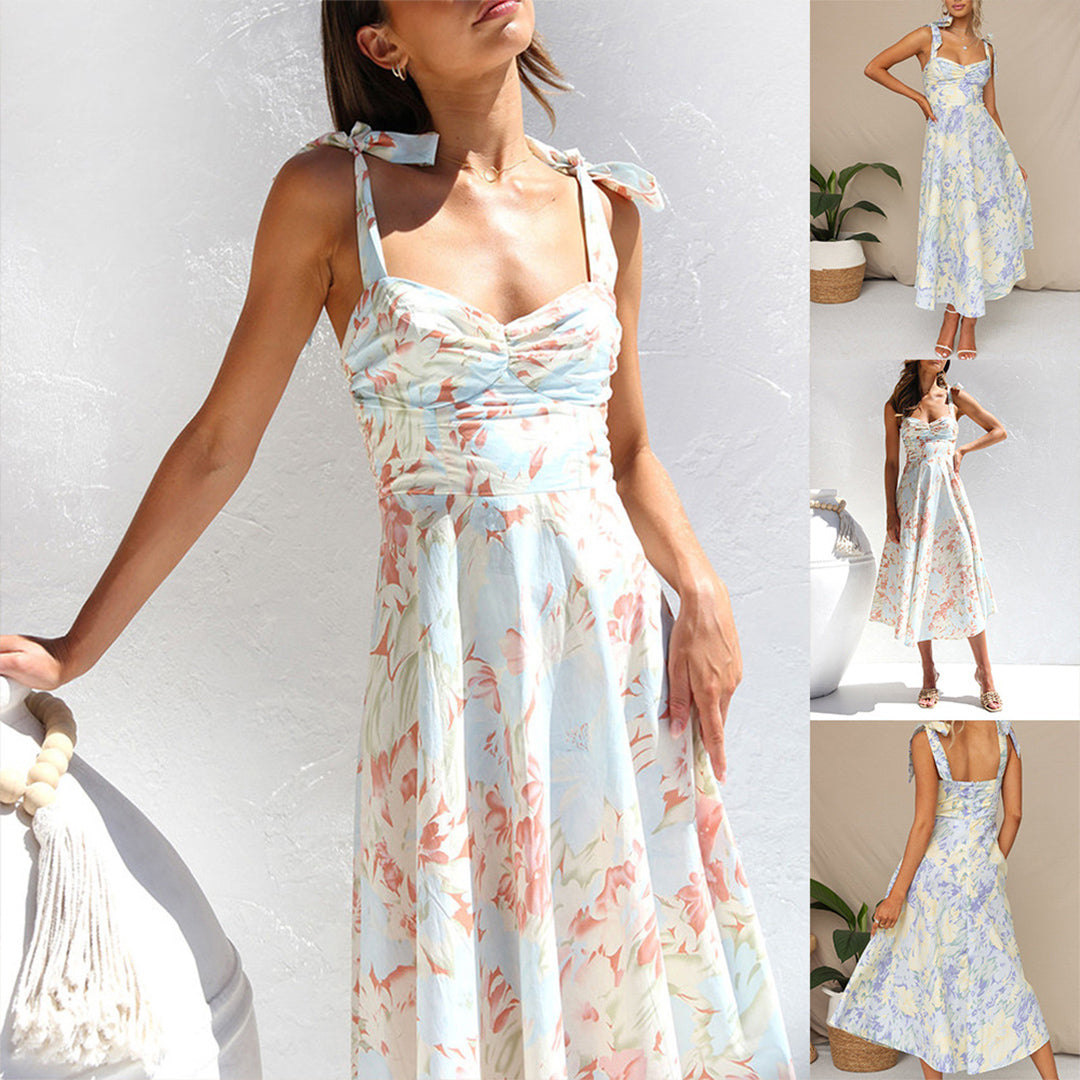 Geblümtes Sommer-Midikleid – Ärmellos, Bindebänder, Leichtes Material