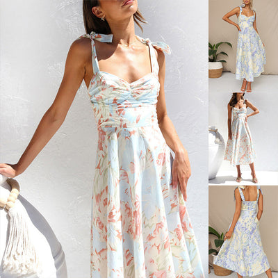 Geblümtes Sommer-Midikleid – Ärmellos, Bindebänder, Leichtes Material