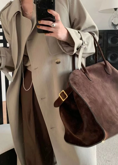 Große Wildleder Handtasche Damen – Umhängetasche Echtleder mit Reißverschluss