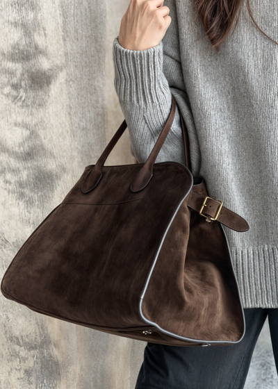 Große Wildleder Handtasche Damen – Umhängetasche Echtleder mit Reißverschluss
