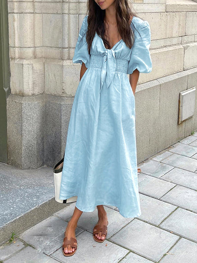Leinen-Baumwoll Midikleid mit Frontbindung – Sommerkleid für Damen