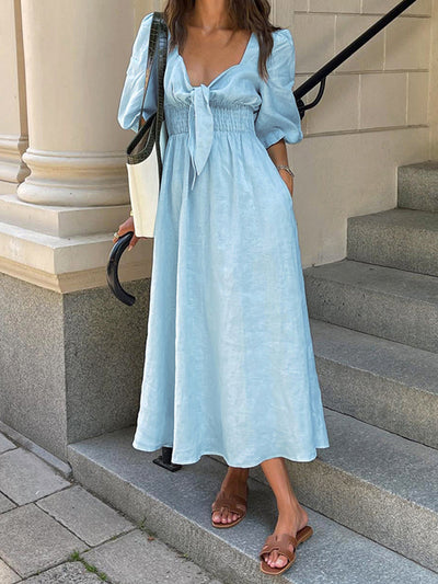 Leinen-Baumwoll Midikleid mit Frontbindung – Sommerkleid für Damen