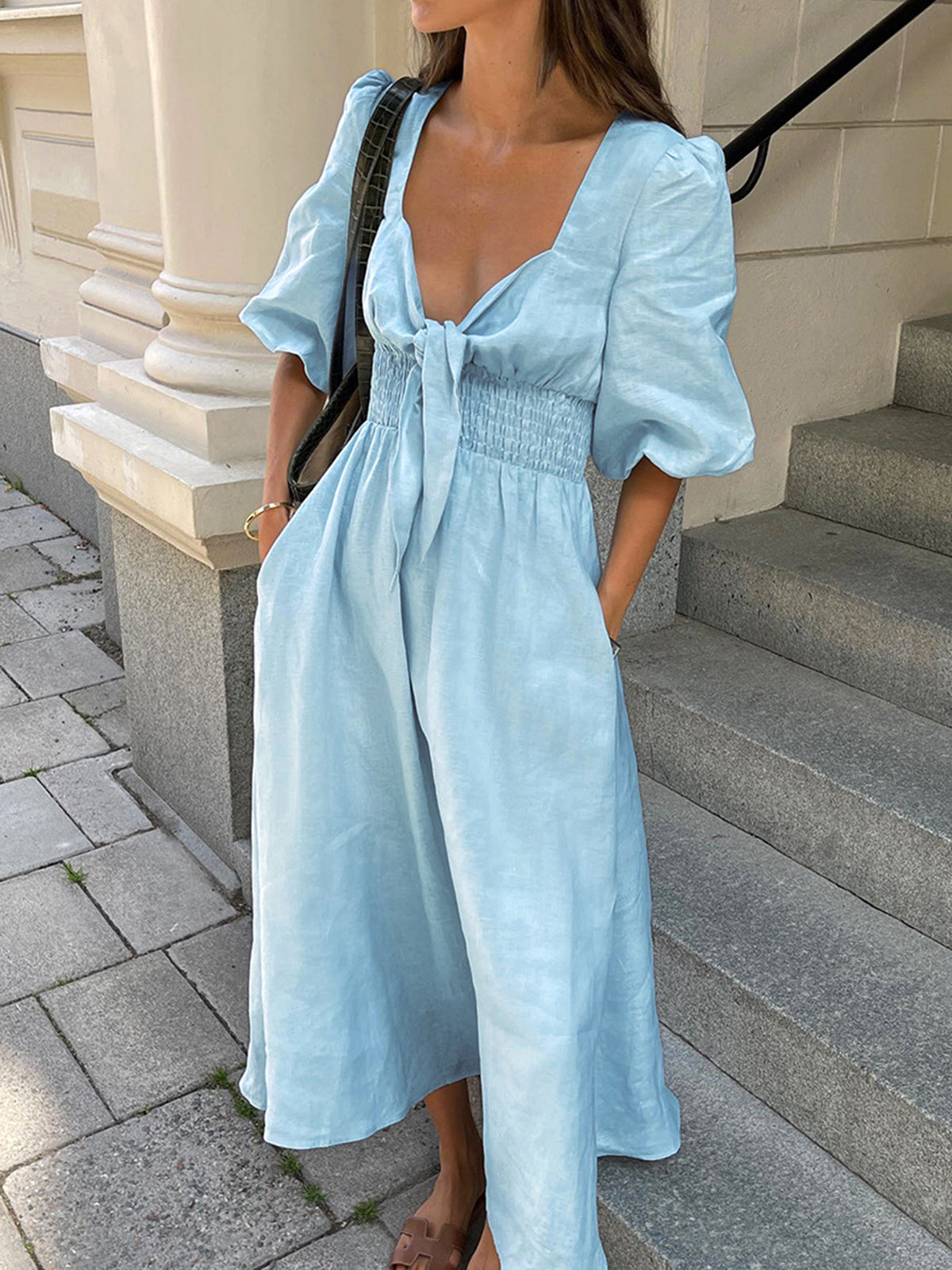 Leinen-Baumwoll Midikleid mit Frontbindung – Sommerkleid für Damen