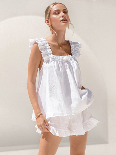 Zweiteiler Damen Sommer: Rüschen-Top & Shorts aus Bio-Baumwolle
