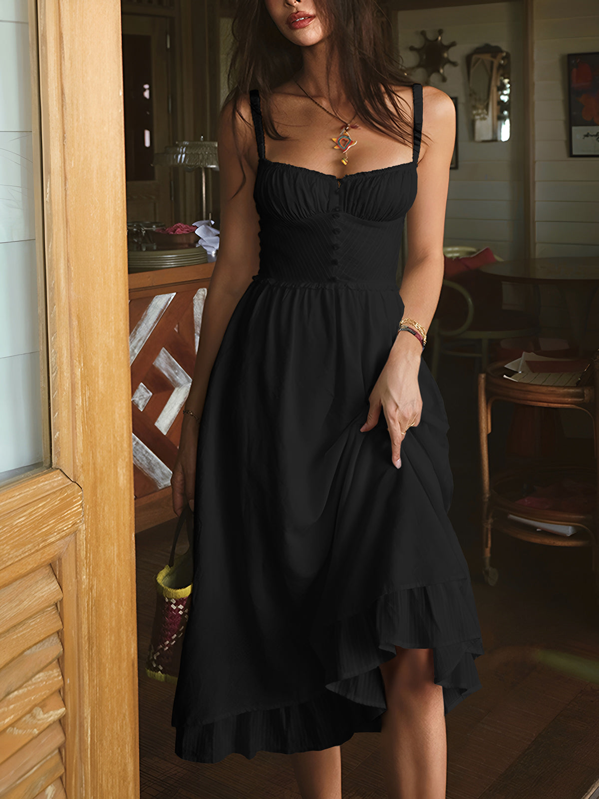 Elegant Ruffle Hem Cami Midi Dress – Sleeveless Summer Sundress