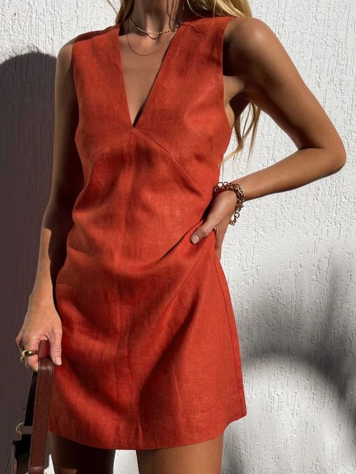 Ärmelloses Baumwoll-Leinen V-Ausschnitt Minikleid – Sommer Casual