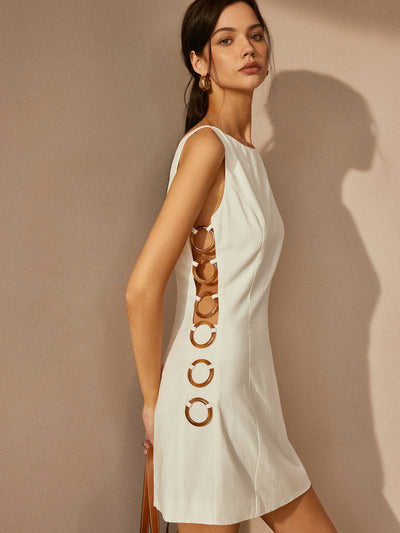 Linen Blend Cutout Mini Dress – Sleeveless O-Ring Summer Dress
