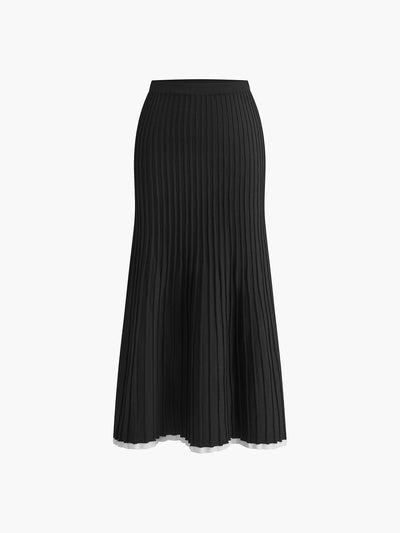 Zweiteiliges Strickset Damen – Kontrastbesatz & Faltenrock