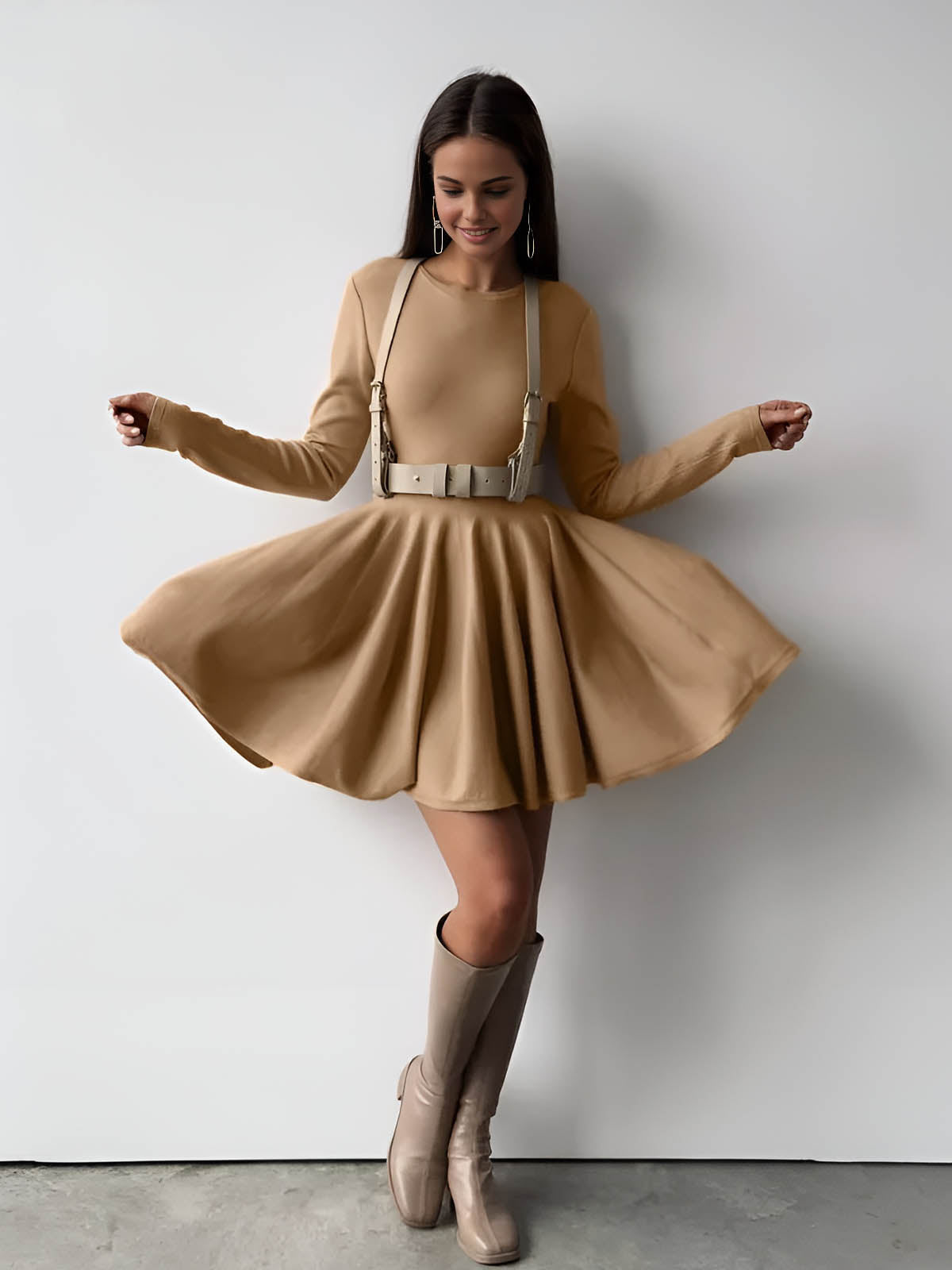 Alina | Elegantes Damen Skaterkleid in Crème mit Langarm