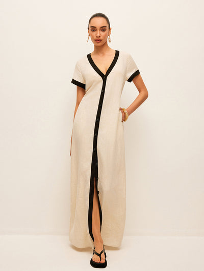 Leinen-Mix Maxikleid mit hohem Schlitz & Kontrastbesatz – Sommerstil