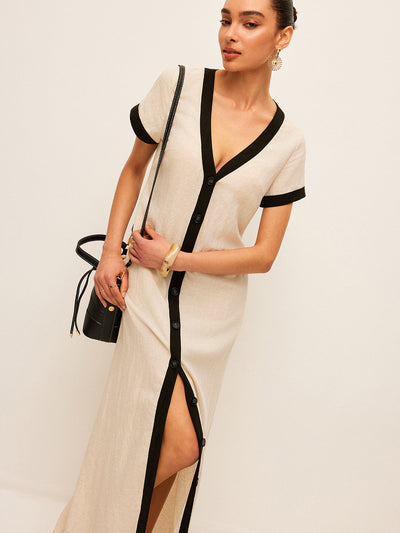 Leinen-Mix Maxikleid mit hohem Schlitz & Kontrastbesatz – Sommerstil