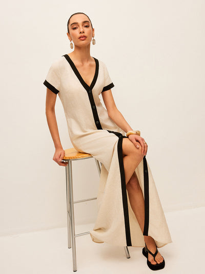 Leinen-Mix Maxikleid mit hohem Schlitz & Kontrastbesatz – Sommerstil