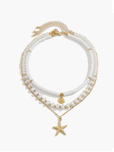 Mehrlagige Perlen- & Muschelkette mit Seestern-Anhänger – Strand-Schmuck