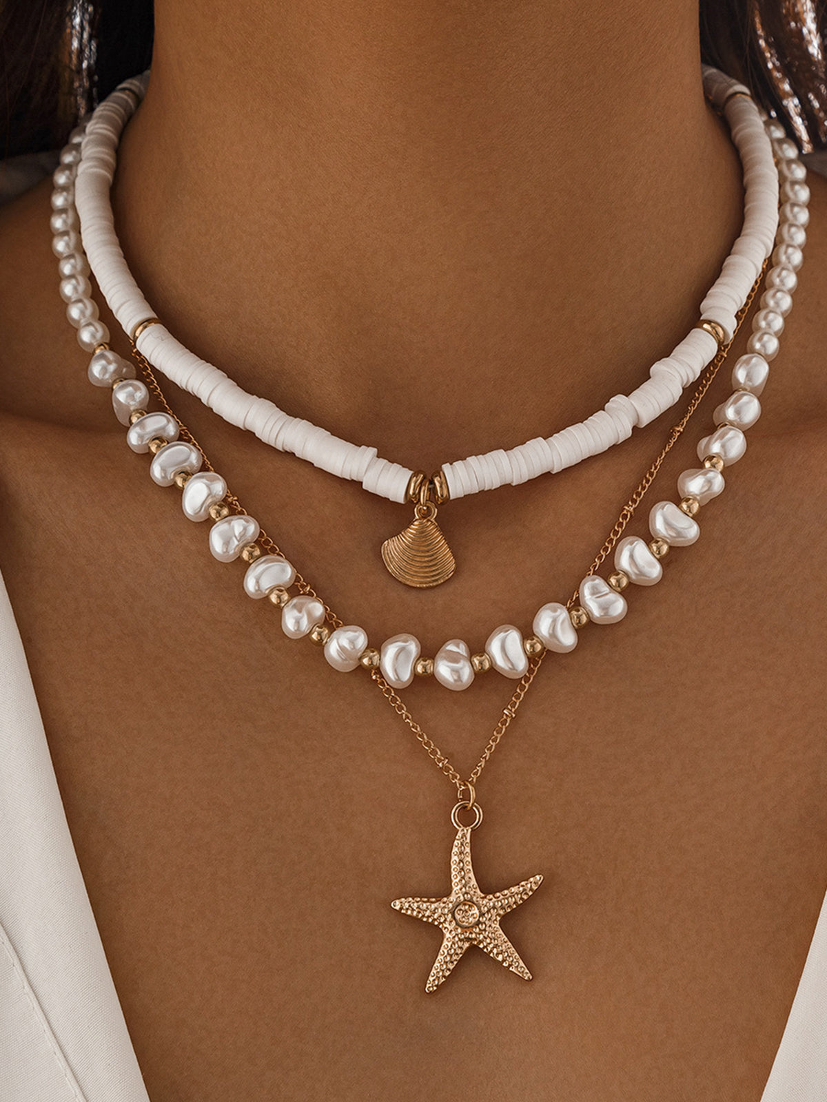 Mehrlagige Perlen- & Muschelkette mit Seestern-Anhänger – Strand-Schmuck