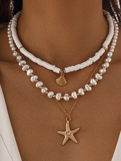 Mehrlagige Perlen- & Muschelkette mit Seestern-Anhänger – Strand-Schmuck