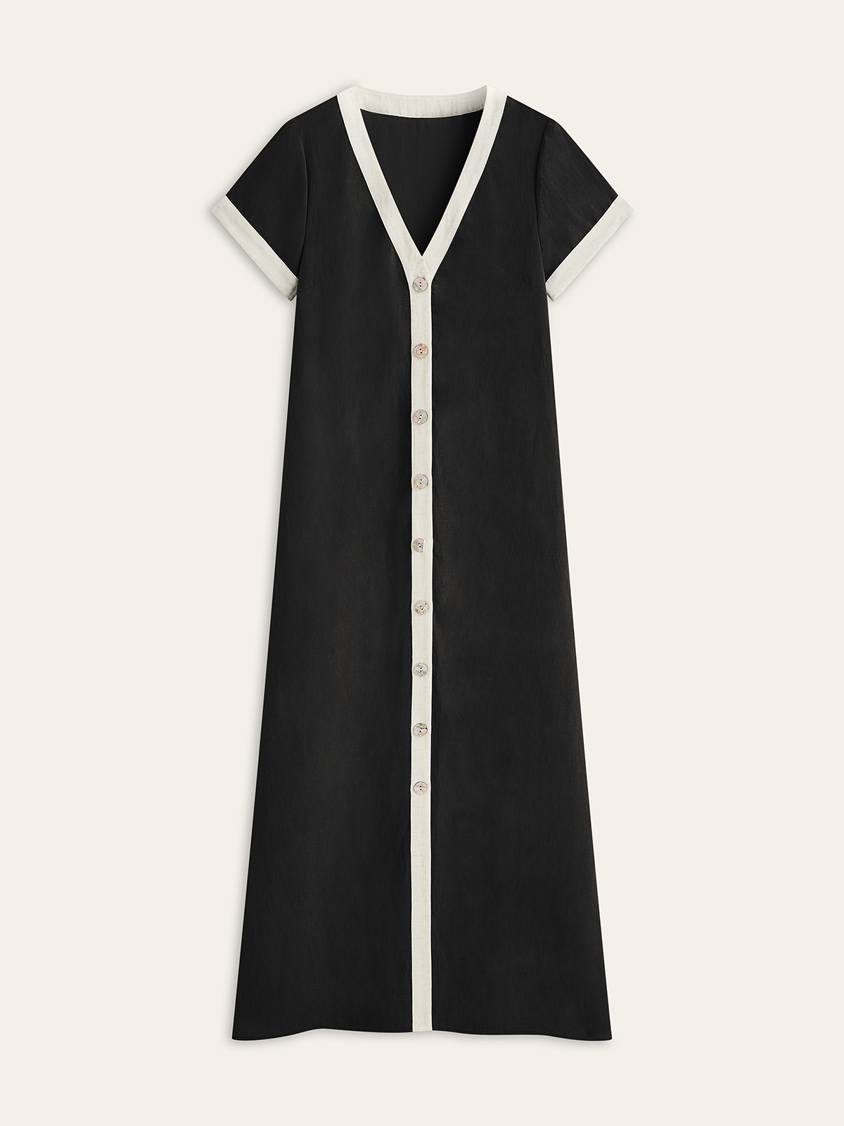 Leinen-Mix Maxikleid mit hohem Schlitz & Kontrastbesatz – Sommerstil