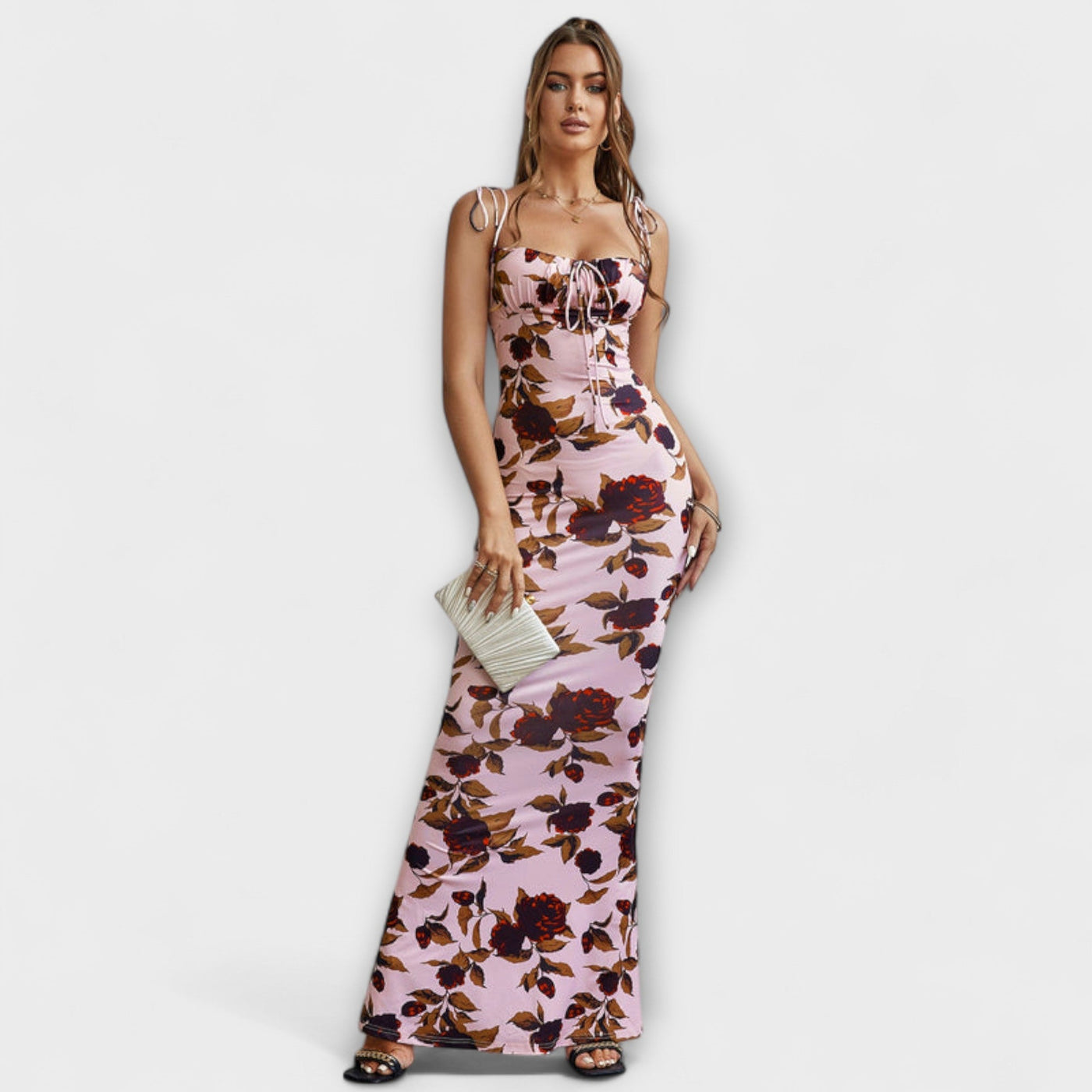 Thalia - Floral Print Prom Dress with Tied Shoulder Straps