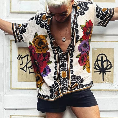 Button-Down-Hemd – Vintage – bedruckt – Kurzarmhemd – Sommerhemd für Herren