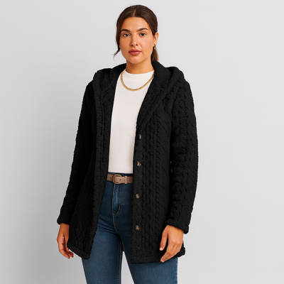Marlena | Damen Knopf-Front Teddy Hoodie Mantel für Herbst & Winter