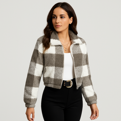 Sabine | Damen Kariertes Teddy-Fleecejacke mit Reißverschluss und Langarm