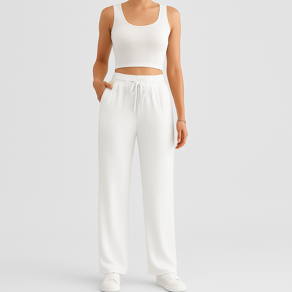 2-teiliges Sommer-Set für Damen – Ärmelloses Crop-Top und strukturierte Hose mit hoher Taille
