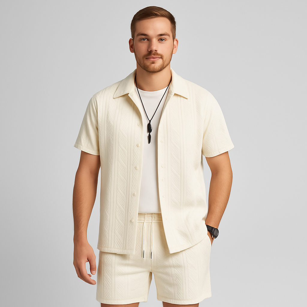 2-teiliges Jacquard-Strick-Set für Herren – Kurzarmhemd und Shorts in Unifarbe, Premium-Freizeitoutfit