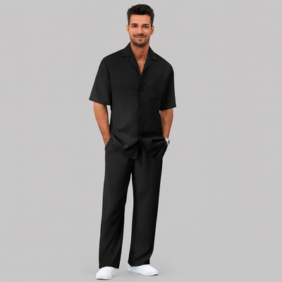 Herren-Trainingsanzug mit Streifenmuster und kurzen Ärmeln – Oberteil mit Knopfkragen und Hose mit elastischem Bund