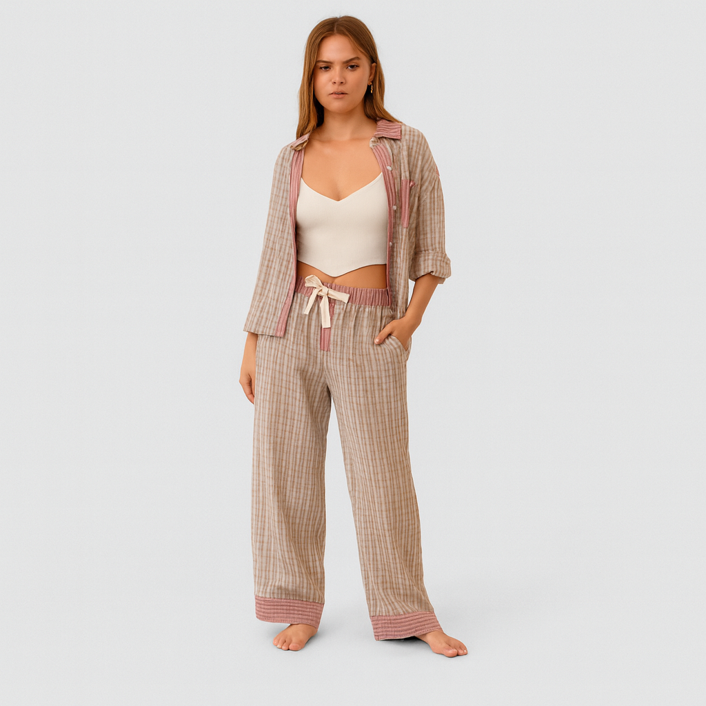 Marcelline | Set aus kariertem Langarmhemd und Hose mit weitem Bein