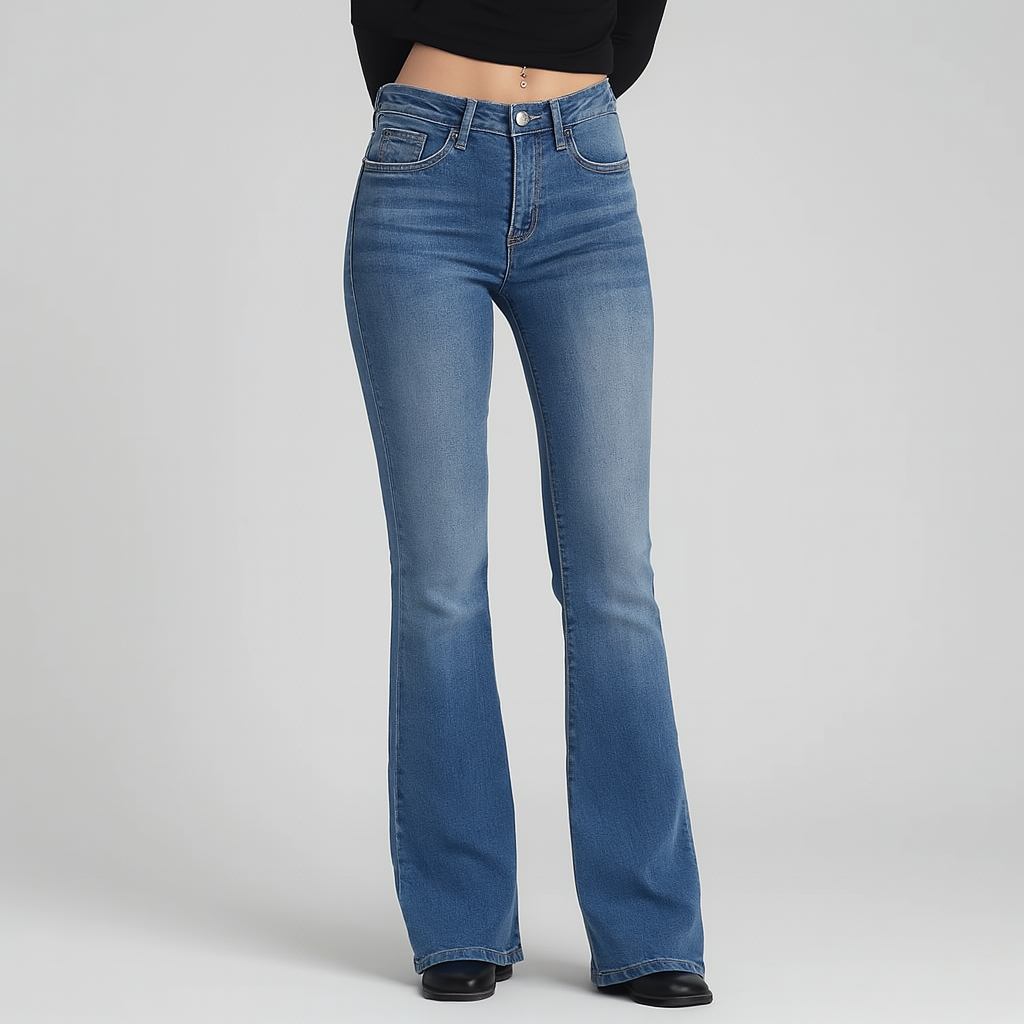 Sarah – Damen-Schlagjeans mit hohem Bund im Vintage-Stil aus Stretch-Denim