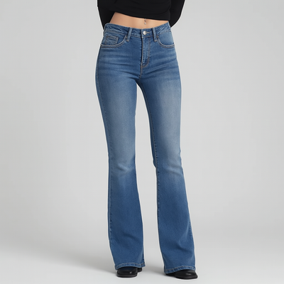 Sarah – Damen-Schlagjeans mit hohem Bund im Vintage-Stil aus Stretch-Denim