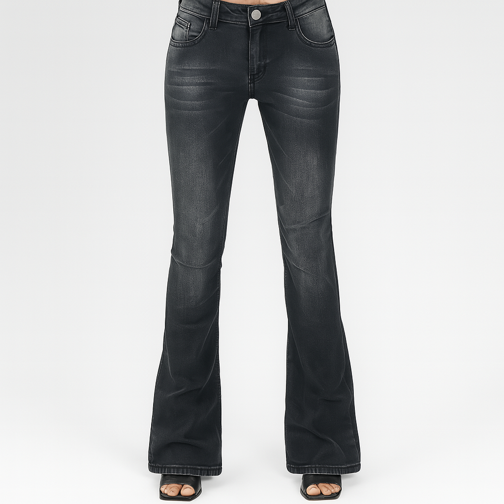 Sophia – Damen-Bootcut-Schlagjeans mit niedriger Taille aus einfarbigem Stretch-Denim