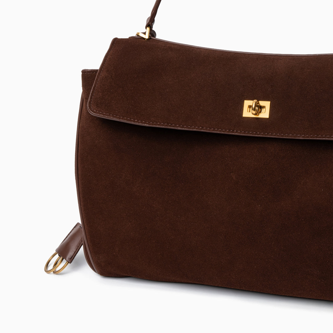Clara – Elegante Damenhandtasche aus dunkelbraunem Wildleder mit goldfarbenem Drehverschluss