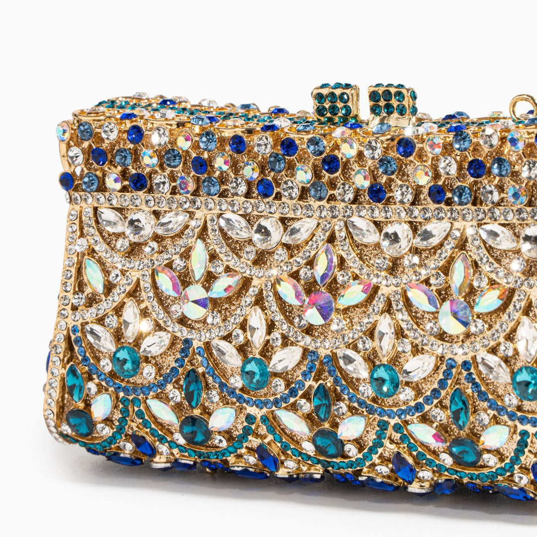 Aubrielle | Kristallverzierte Clutch in Gold-Blau mit funkelndem Strass & Ornamentmuster – Abendtasche für Damen
