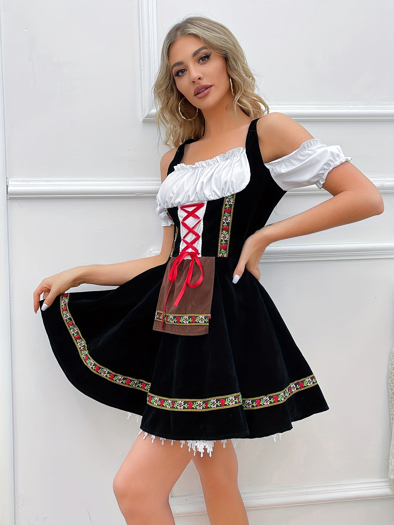 Damen Dirndl Kleid Schulterfrei Trachtenkleid mit Fließendem Rock für Oktoberfest