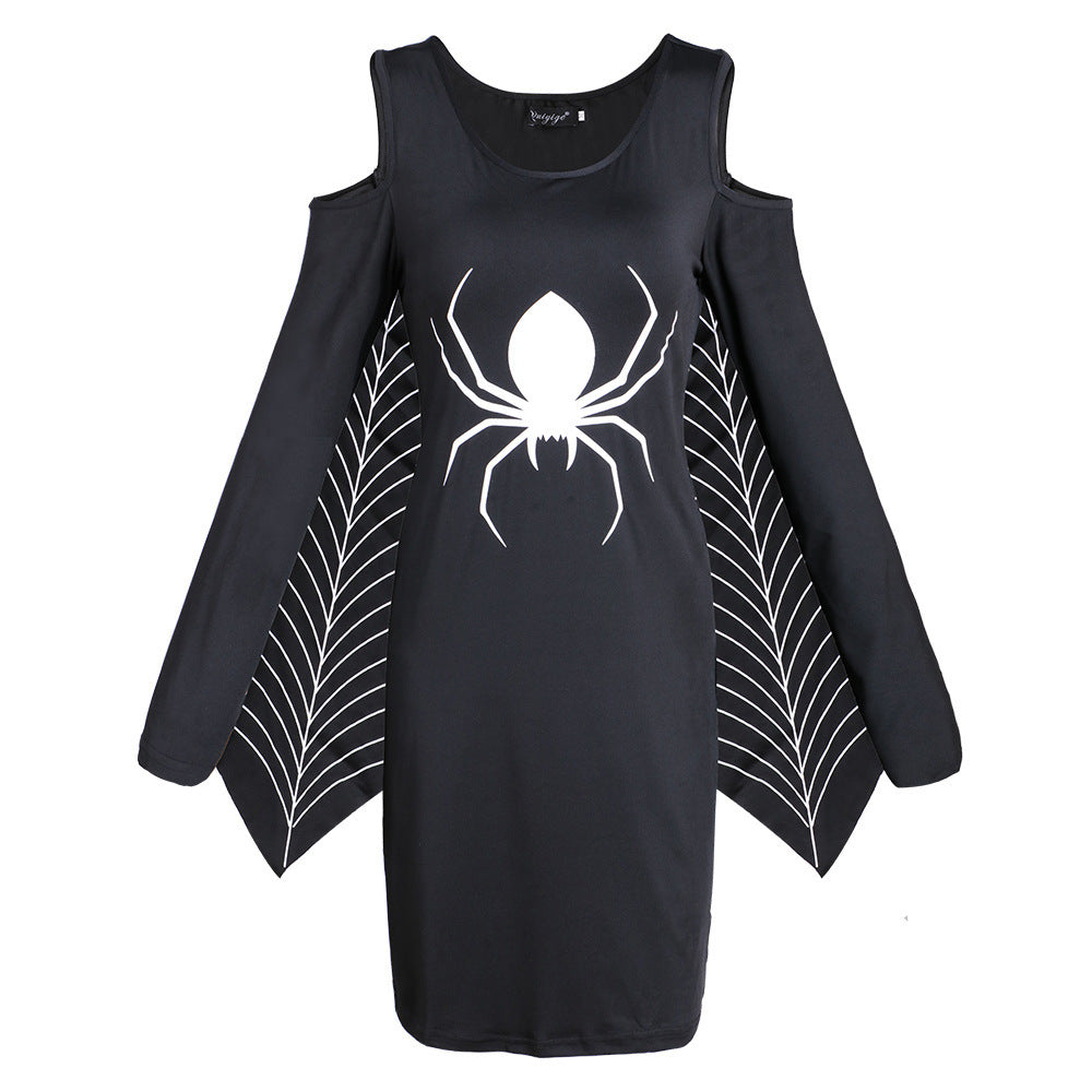 Damen Halloween-Kleid mit Spinnenmotiv | Schulterfrei & Mini-Länge