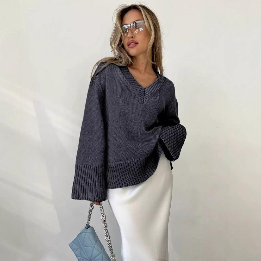 Damen Pullover V-Ausschnitt Baumwolle Lässig