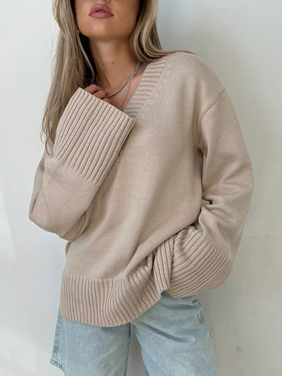 Damen Pullover V-Ausschnitt Baumwolle Lässig