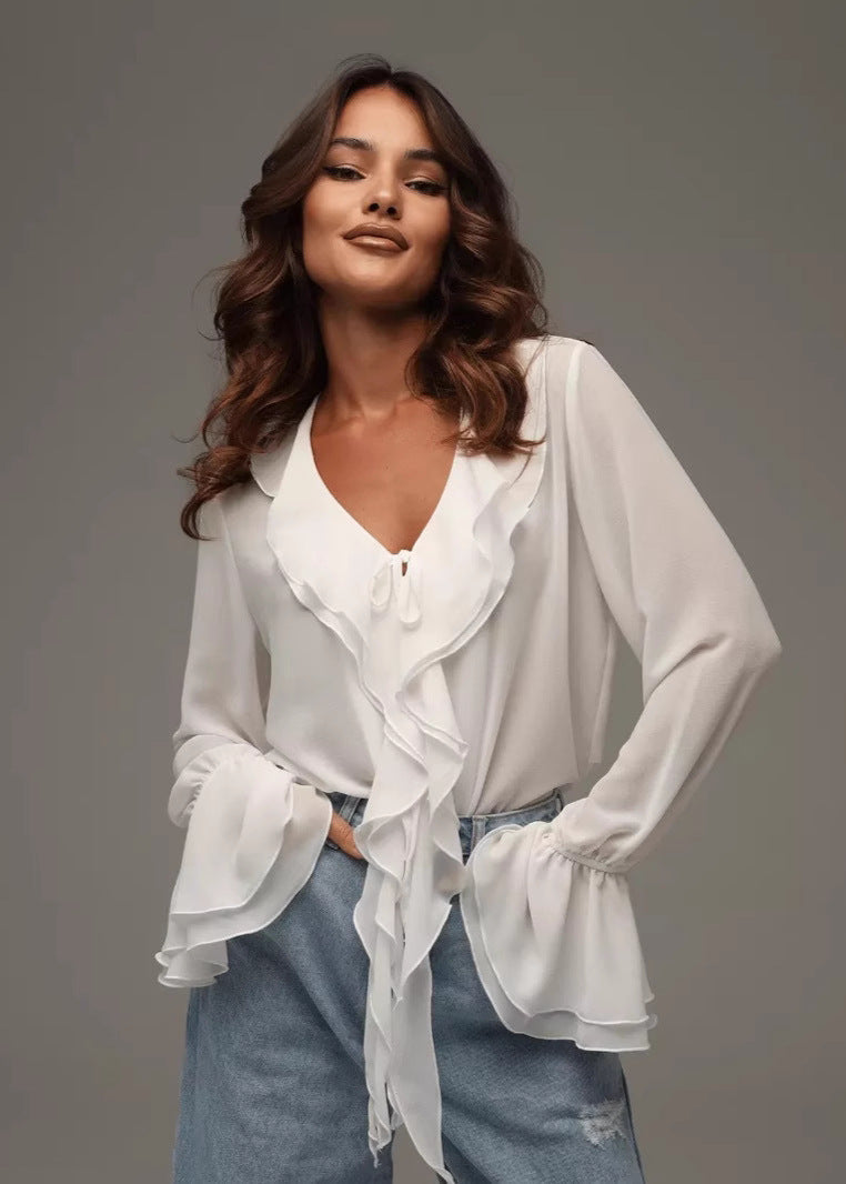 Damenbluse Chiffon Mit Rüschen V-Hals Für Festliche Anlässe Elegant