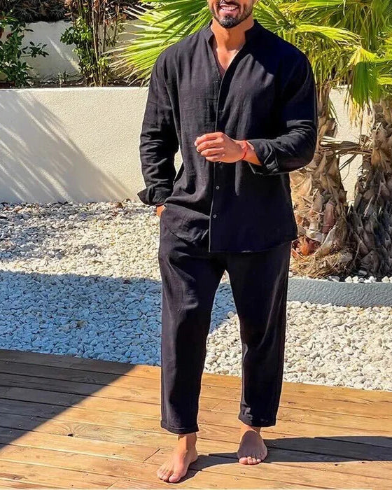 Lässiges Herren Leinen-Set | Hemd mit Stehkragen & Hose