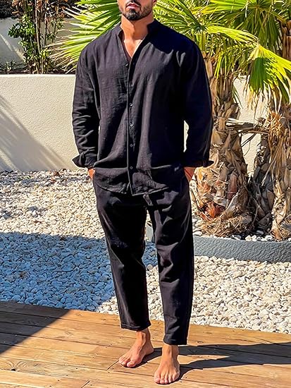 Lässiges Herren Leinen-Set | Hemd mit Stehkragen & Hose