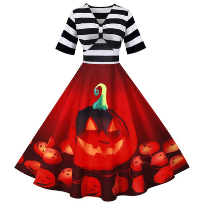 Damen Halloween-Kleid mit Kürbis-Print | Gestreiftes Oberteil & Midi-Länge