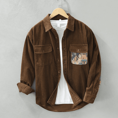 Herren Corduroy Hemd Langarm mit Patchwork-Design und Vordertaschen