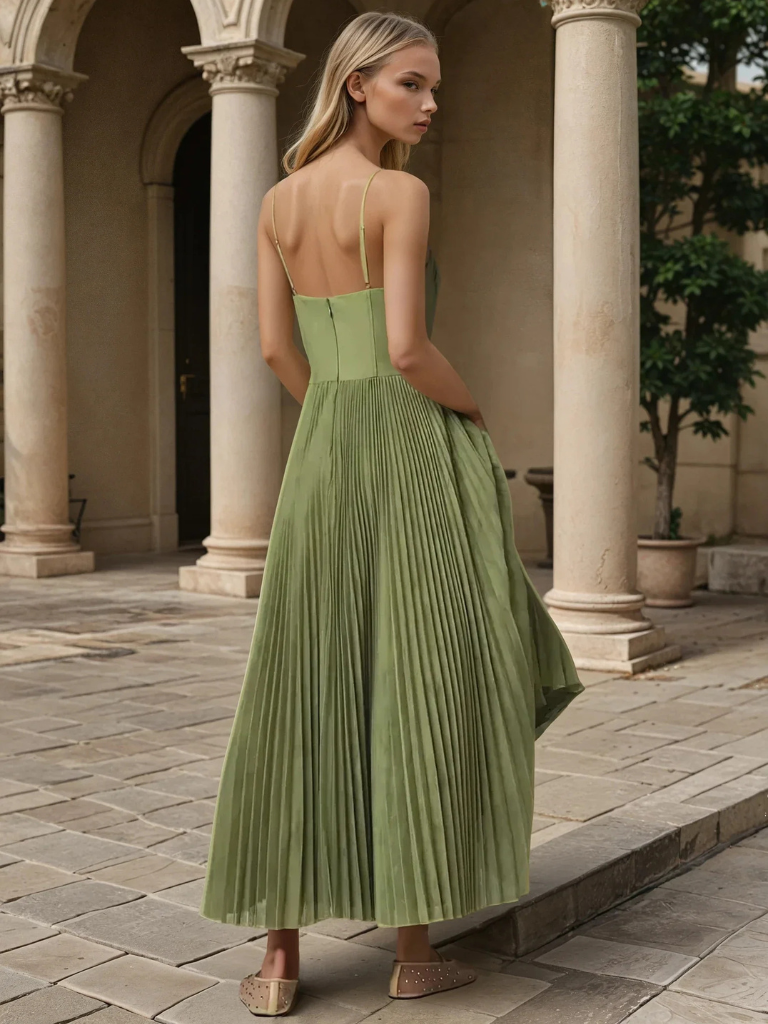MIRAVO | Elegantes Plissee-Maxikleid in Olivgrün