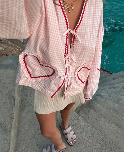 Damen Gingham Bluse – Lockere Passform mit Rüschen & Schleife
