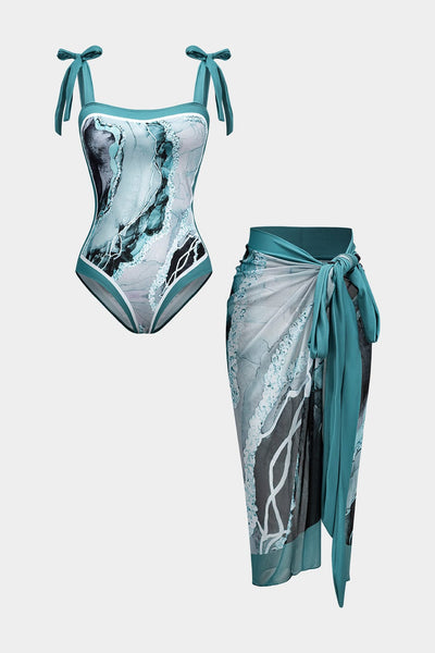 Angela | Zweiteiliges Badeanzug-Set mit abstraktem Print, Schleifen-Trägern und Pareo