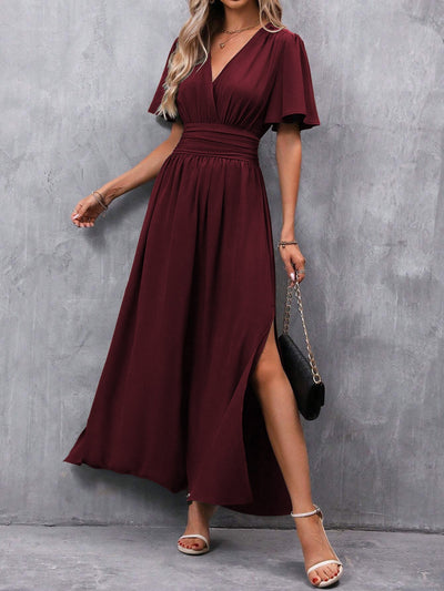 Schwarzes Maxikleid Damen – V-Ausschnitt, Schlitz & Flatterärmel