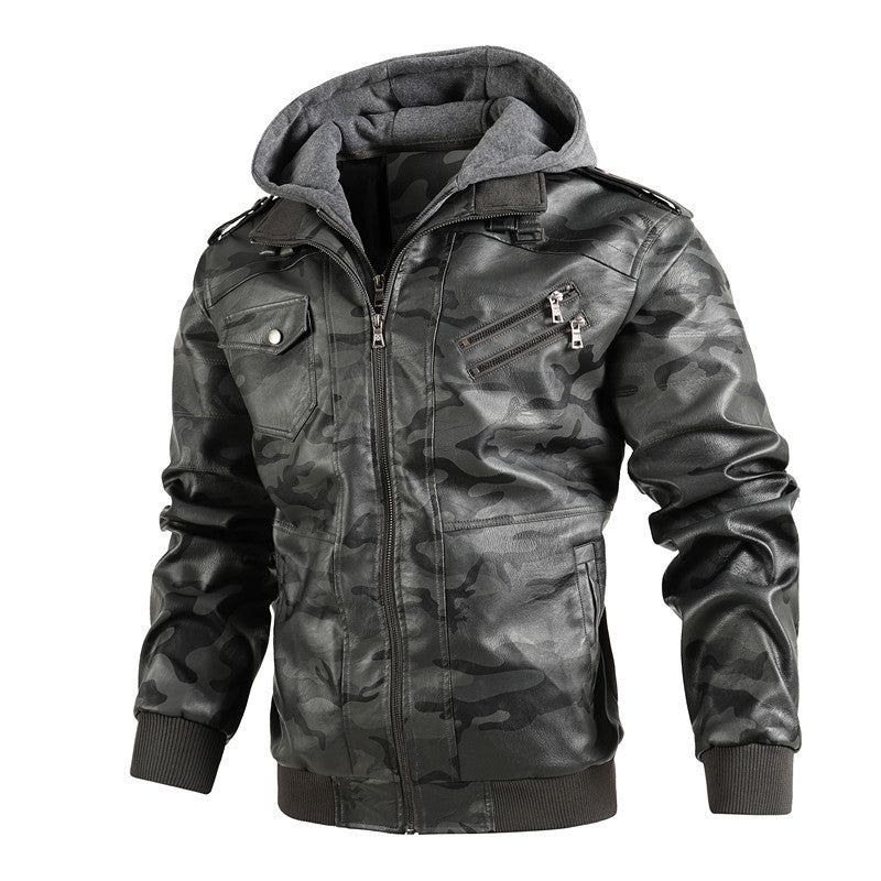 Herren Camouflage Lederjacke mit Kapuze und Taschen
