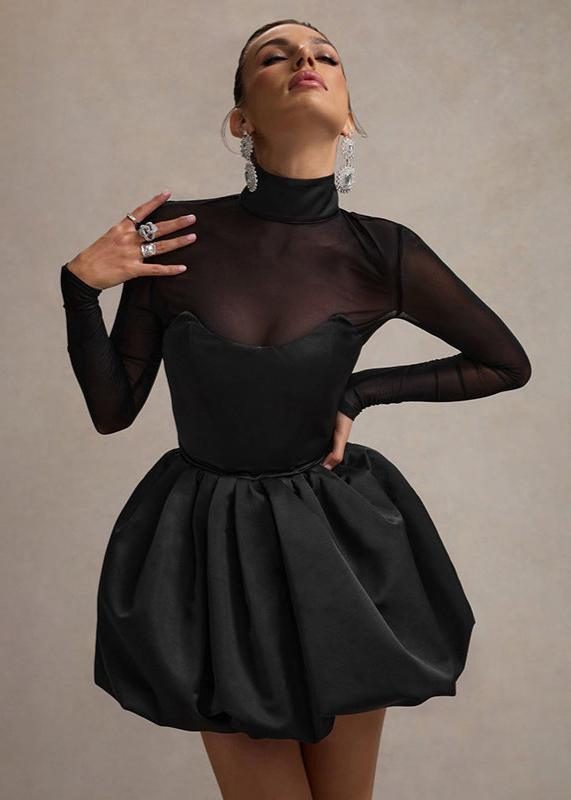 Damen Mini-Kleid aus Satin mit Puffrock und V-Ausschnitt