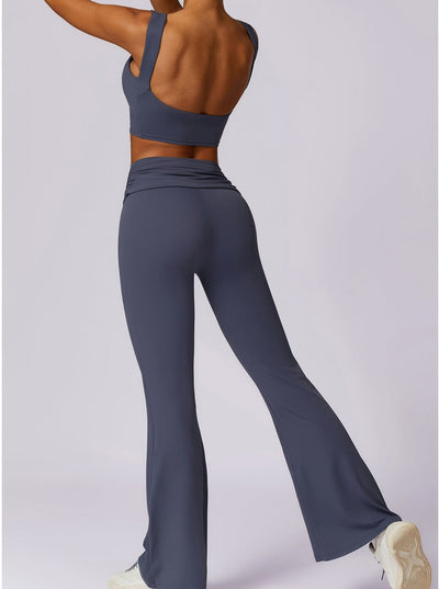 Amira | Dunkelblau High-Waist Flare Leggings mit Faltbund