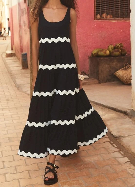 Weißes maxi-kleid mit blauen wellen - Anna